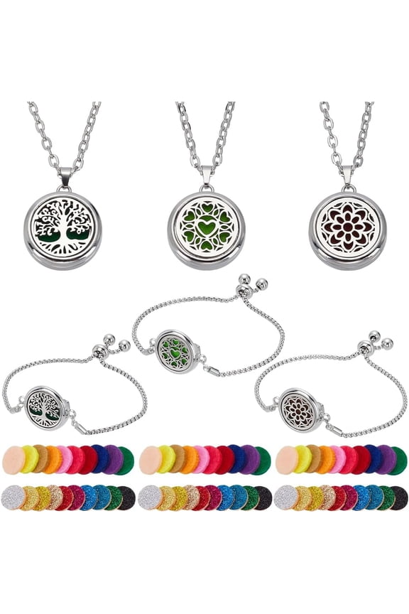 66Pcs Essential Oil Diffuser Necklace Bracelet Set 3 Styles Stainless Steel Aromatherapy Locket Adjustable Diffuser Bracelet Refill Pads Jewelry for DIY Jewelry Accessory Birthday Gift