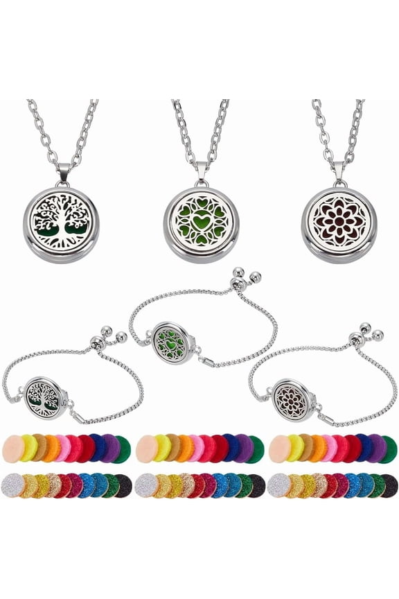 66Pcs Essential Oil Diffuser Necklace Bracelet Set 3 Styles Stainless Steel Aromatherapy Locket Adjustable Diffuser Bracelet Refill Pads Jewelry