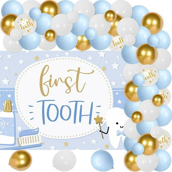 66Pcs First Tooth Themed Party decor Blue Teeth Party Photography Background Cloth 1st Baby Tooth Backdrop Balloons for Dentist Teeth Themed Boys Birthday Baby Shower Dental Party Decor Supplies