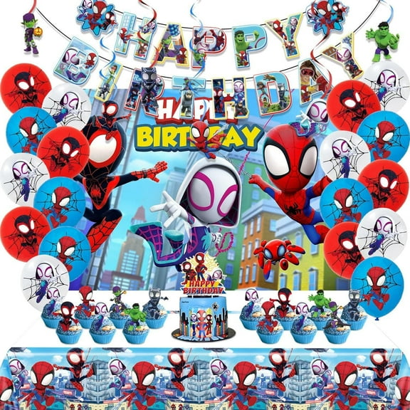 66Pcs Spiderman Birthday Party Decorations Set, Party Supplies Include Happy Birthday Banner, Tablecloth, Balloons, Hanging Swirls, Cake Toppers, Background cloth for Boys Girls Spiderman Theme Party