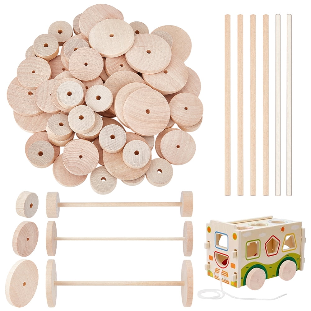 66Pcs Wooden Craft Wheels 33Pcs Wood Sticks 1.1/1.5/2 Inch Natural Wood Wheels Unfinshed Wooden Wheel Flat Round Wheels Stick Set