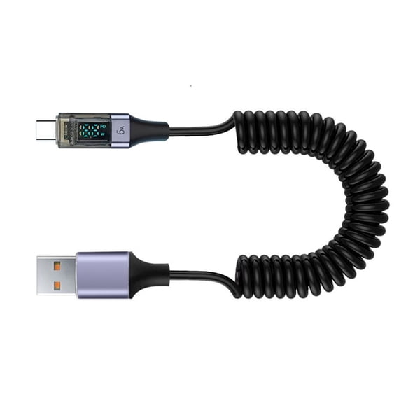 66W Phone Charging USB To Type C Cord Builtin LED Monitor Spring Coiled Cable