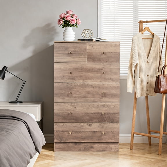 66cm 4+2 Drawer Storage Cabinet Gray Textured Melamine with Matte Gold Handles for Bedroom Office