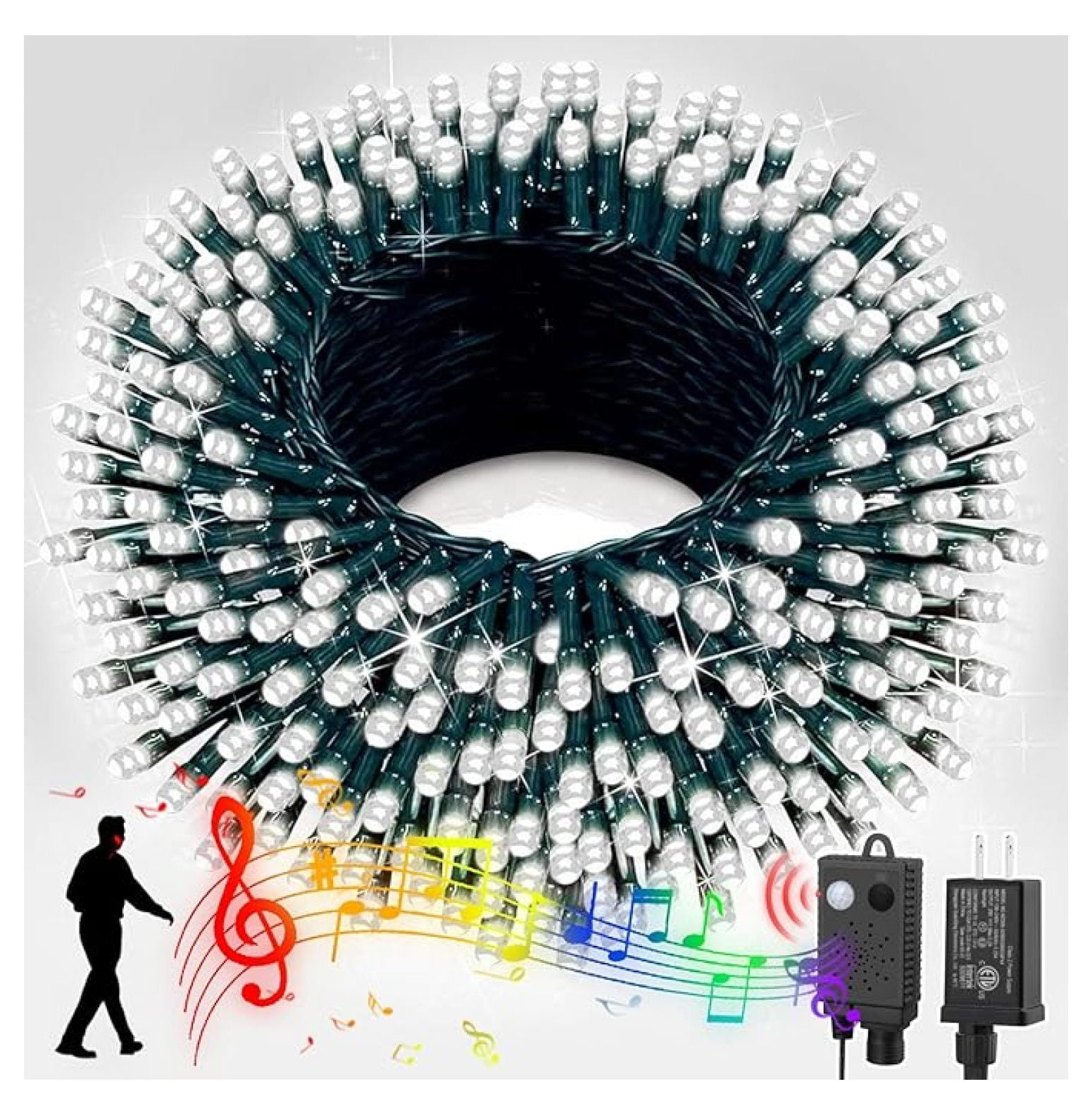 66ft Christmas String Lights with Music, 200 LED Starry Lights Plug-in ...