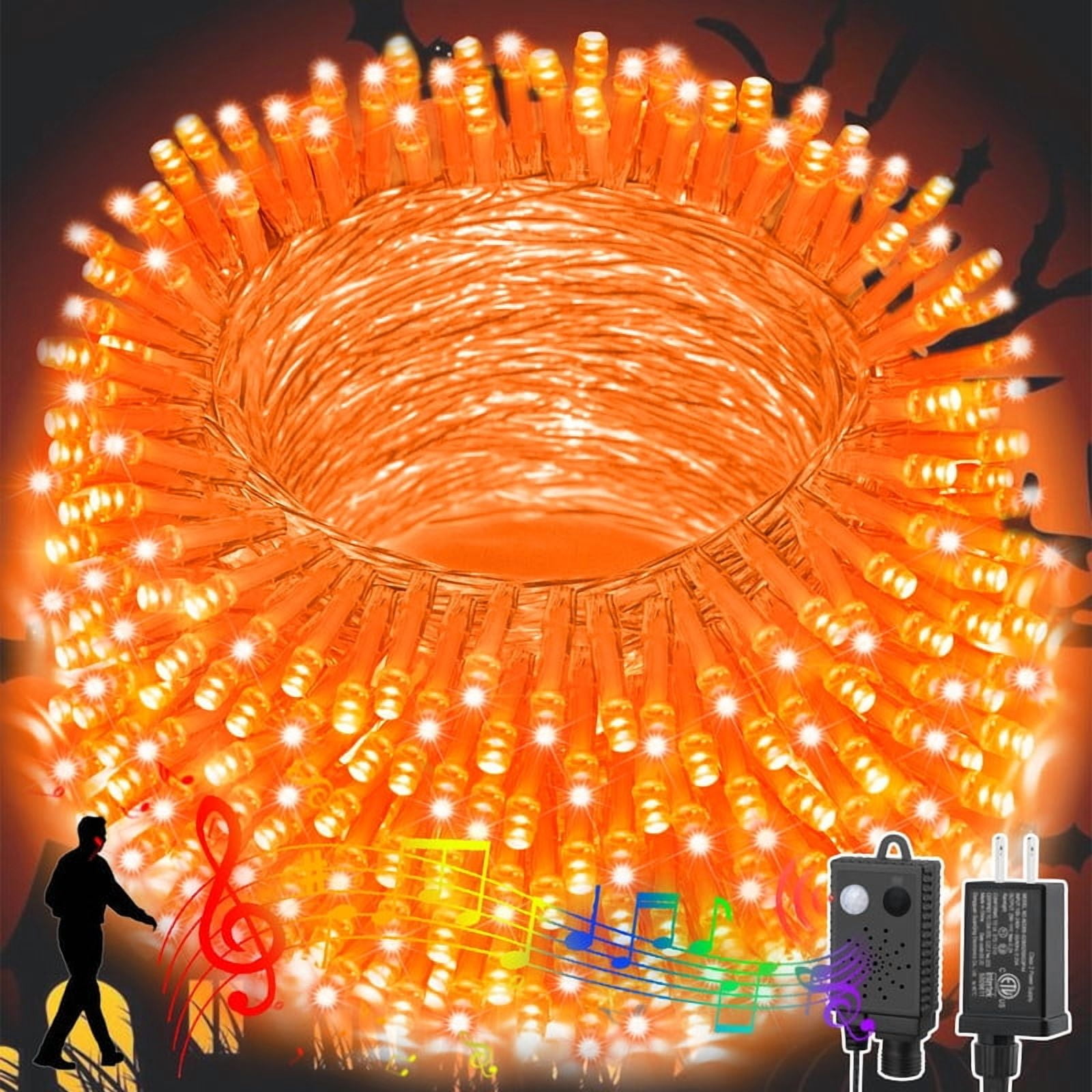 66ft Halloween Lights with Music Motion Sensor Controller,200 LED Fairy Starry String Light Plug in for Indoor Outdoor Xmas Tree Wedding Party Decoration (Orange)