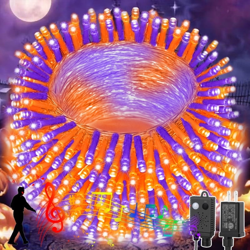 66ft Halloween Lights with Music Motion Sensor Controller,200 LED Fairy Starry String Light Plug in for Indoor Outdoor Xmas Tree Wedding Party Decoration (Orange+Purple)