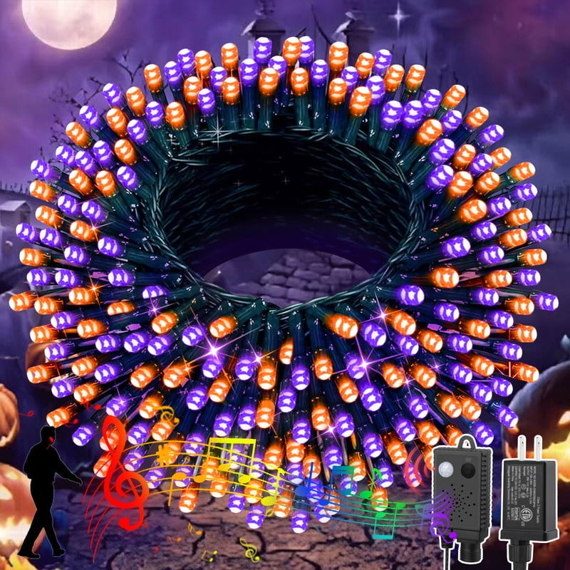 66ft Halloween Lights with Music Motion Sensor Controller,200 LED Fairy Starry String Light Plug in for Indoor Outdoor Xmas Tree Wedding Party Decoration (Purple+Orange)
