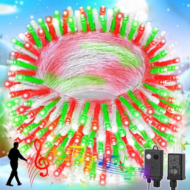 66ft Music Christmas Mini Lights with Motion Sensor Controller,200 LED Fairy Starry String Light Plug in for Indoor Outdoor Xmas Tree Wedding Party Decoration (Red Green White)