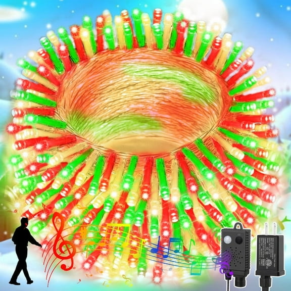 66ft Music Christmas Mini Lights with Motion Sensor Controller,200 LED Fairy Starry String Light Plug in for Indoor Outdoor Xmas Tree Wedding Party Decoration (Red Green Warm)