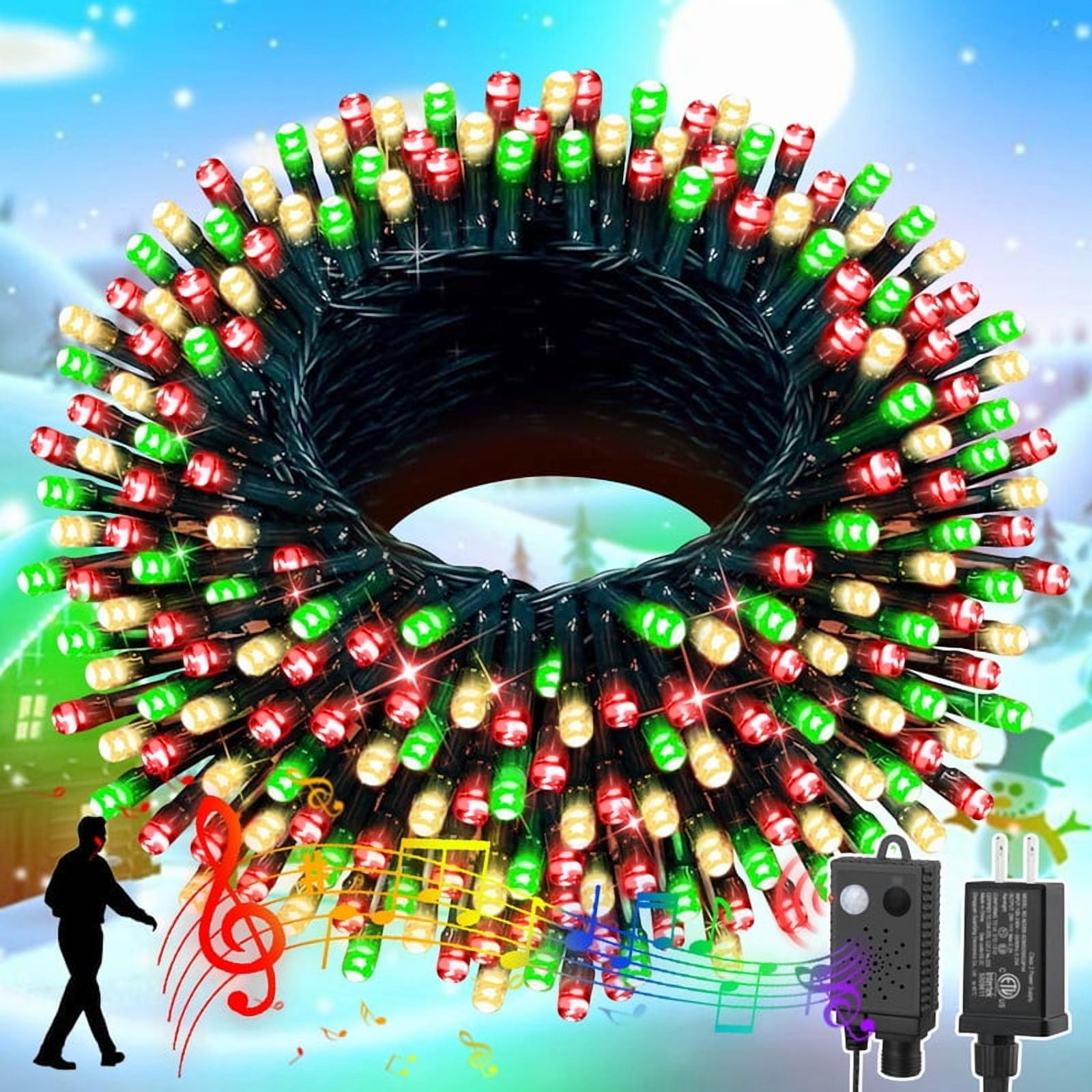 66ft Music Christmas Mini Lights with Motion Sensor Controller,200 LED Fairy Starry String Light Plug in for Indoor Outdoor Xmas Tree Wedding Party Decoration (Red Green Warm)