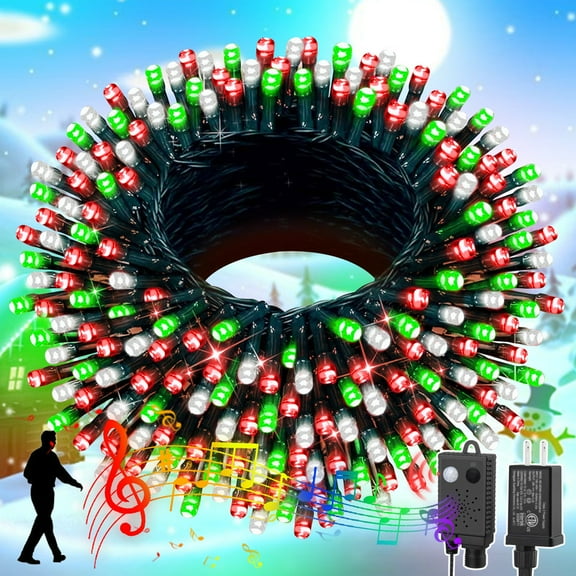 66ft Music Christmas Mini Lights with Motion Sensor Controller,200 LED Fairy Starry String Light Plug in for Indoor Outdoor Xmas Tree Wedding Party Decoration (Red Green White)