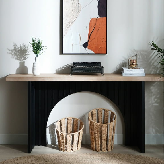 66in Console Table With Stylish Black Arch Base And Natural Wood Look, For Home Grain Feature Quality,