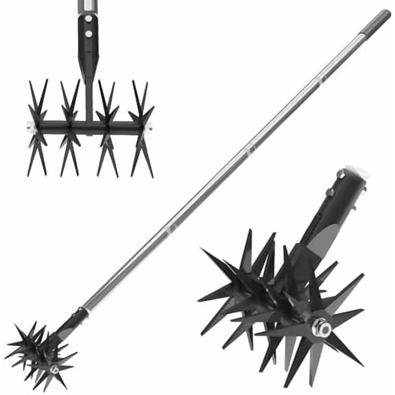 66in Rotary Cultivator with Tempered Spring Steel Tines and Adjustable Stainless Steel Handle Manual Garden Tiller Tool for Loosening Soil Mixing Fertilizer$$Garden & Patio