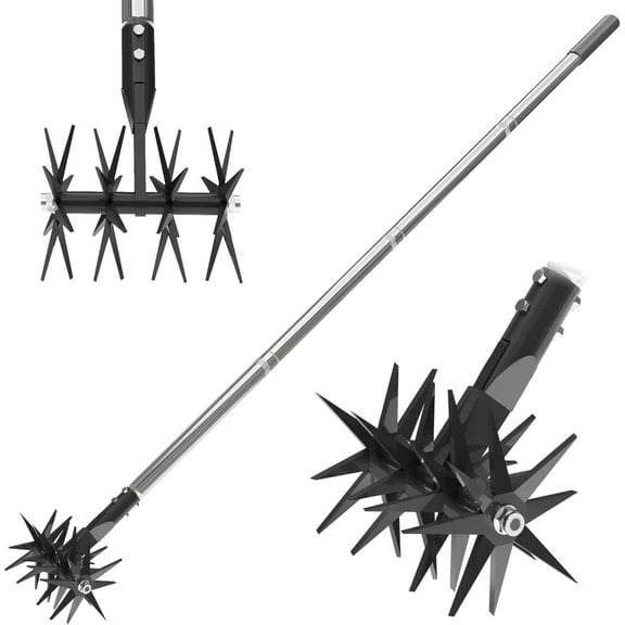 66in Rotary Cultivator with Tempered Spring Steel Tines and Adjustable Stainless Steel Handle Manual Garden Tiller Tool for Loosening Soil Mixing Fertilizer$$Garden & Patio