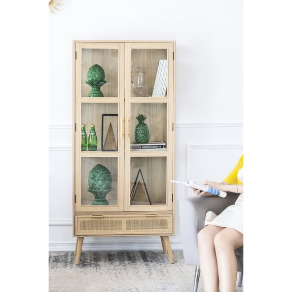 66lb Cabinet With Two Glass Doors - Stylish And Practical Storage For Living & Dining 28.3x15.4x62.6" Two-door Compact