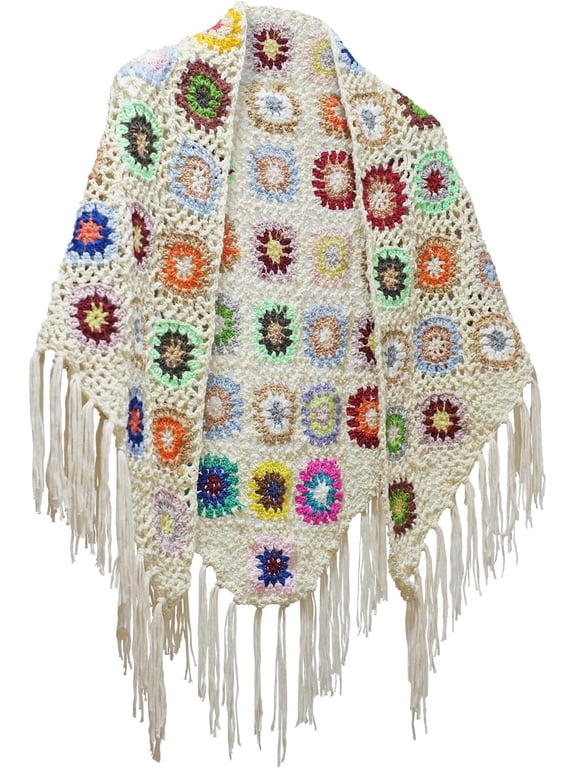Crochet tassels Fringed Poncho Cape Shawls Wraps Granny Square Womens Coat Sweater
