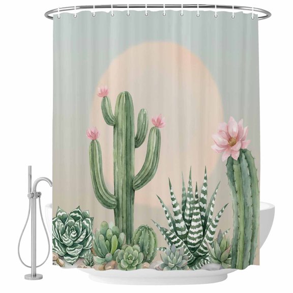 66x72 Inch Shower Curtains for Bathroom, Cactus Green Tropical Fabric Bath Curtain Decor, Summer Sunset Ombre Waterproof Restroom Curtains Shower Set Accessories with 12 Hooks 66 Inch
