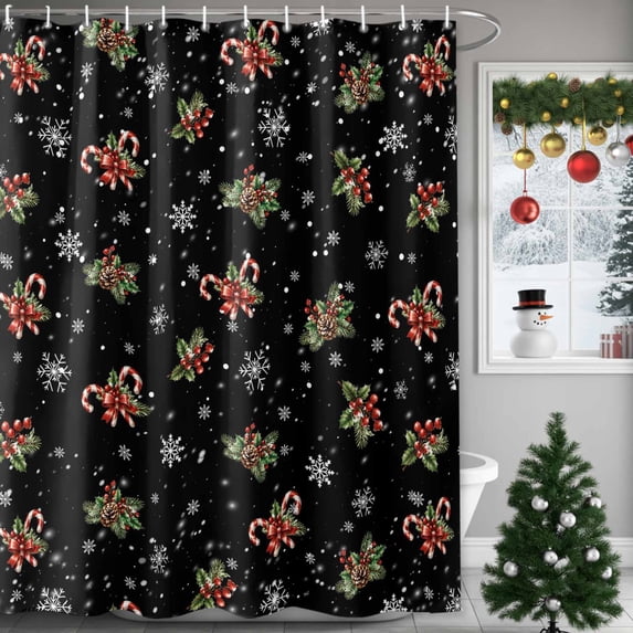 66x72 Inch Shower Curtains for Bathroom, Christmas Black Fabric Bath Curtain Decor, Xmas Cane Berries Pinecone Snowflakes Waterproof Restroom Curtains Shower Set Accessories with 12 Hooks 66 Inch