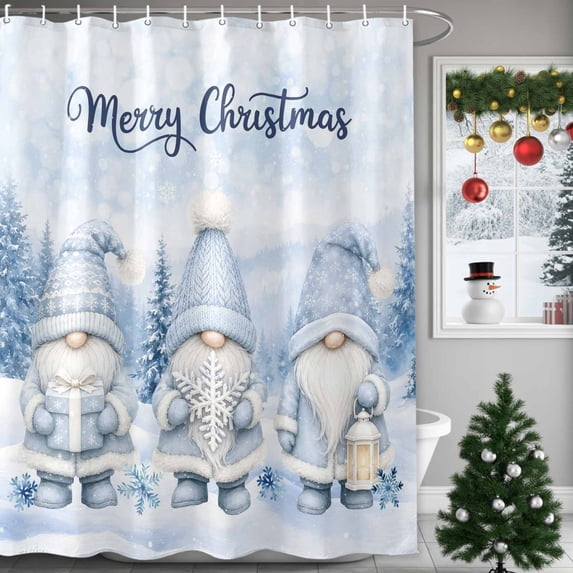 66x72 Inch Shower Curtains for Bathroom, Merry Christmas Gnomes Fabric Bath Curtain Decor, Xmas Blue Forest Winter Waterproof Restroom Curtains Shower Set Accessories with 12 Hooks 66 Inch