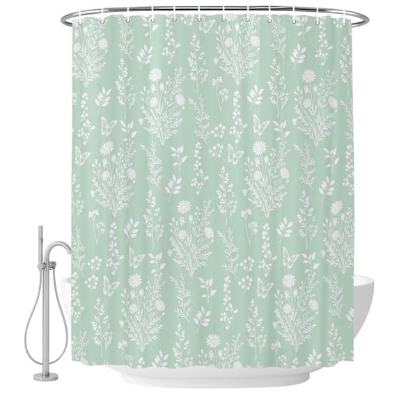 66x72 Inch Shower Curtains for Bathroom, Mint Green Botanical Fabric Bath Curtain Decor, Summer Chic Wildflowers Waterproof Restroom Curtains Shower Set Accessories with 12 Hooks 66 Inch