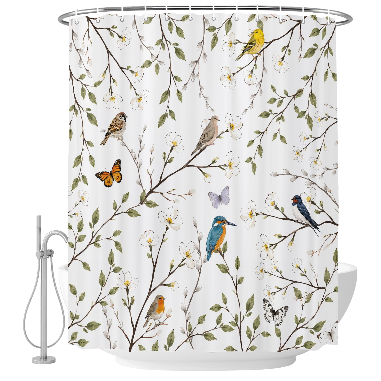 66x72 Inch Shower Curtains for Bathroom, Spring Birds Branches Fabric ...