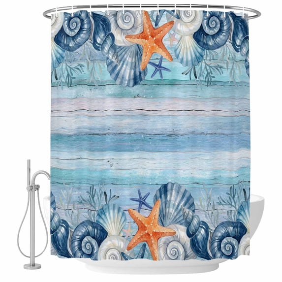 66x72 Inch Shower Curtains for Bathroom, Summer Ocean Bath Curtain Decor, Coastal Shells Starfish Coral Conch Wooden Blue Waterproof Restroom Curtains Shower Set Accessories with 12 Hooks 66 Inch