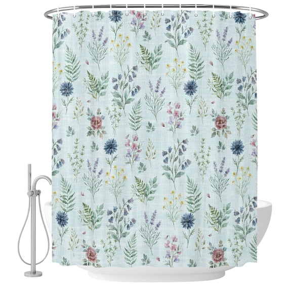 66x72 Inch Shower Curtains for Bathroom, Teal Blue Wildflowers Fabric Bath Curtain Decor, Farmhouse Summer Botanical Waterproof Restroom Curtains Shower Set Accessories with 12 Hooks 66 Inch