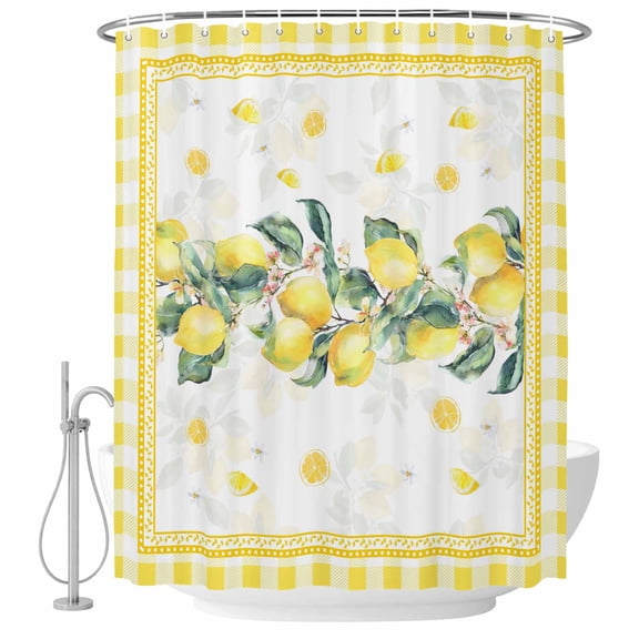 66x72 Inch Shower Curtains for Bathroom, Yellow Lemon Fabric Bath Curtain Decor, Summer Botanical Plaid Elegant Pastoral Waterproof Restroom Curtains Shower Set Accessories with 12 Hooks 66 Inch