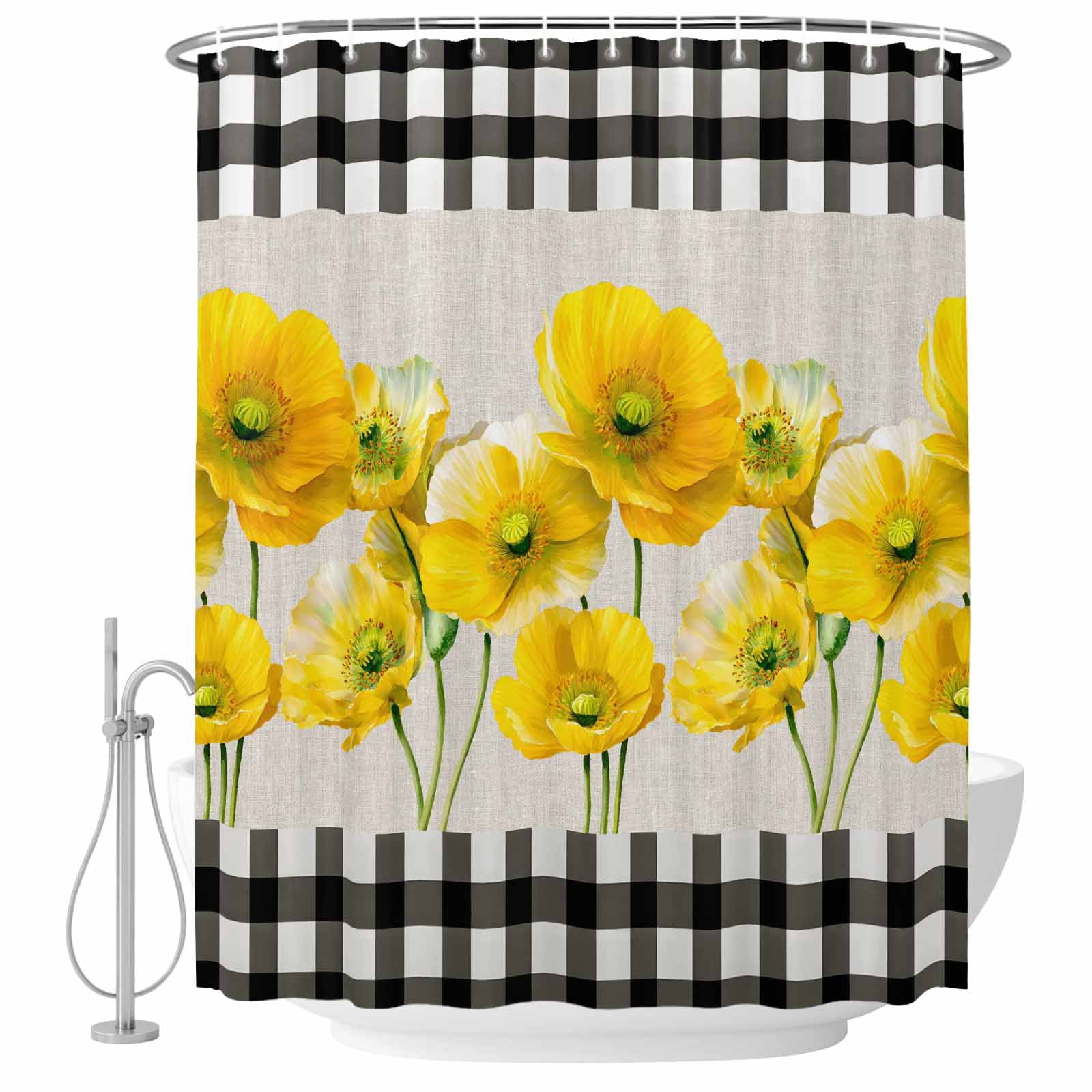 66x72 Inch Shower Curtains for Bathroom, Yellow Poppy Farmhouse Fabric ...