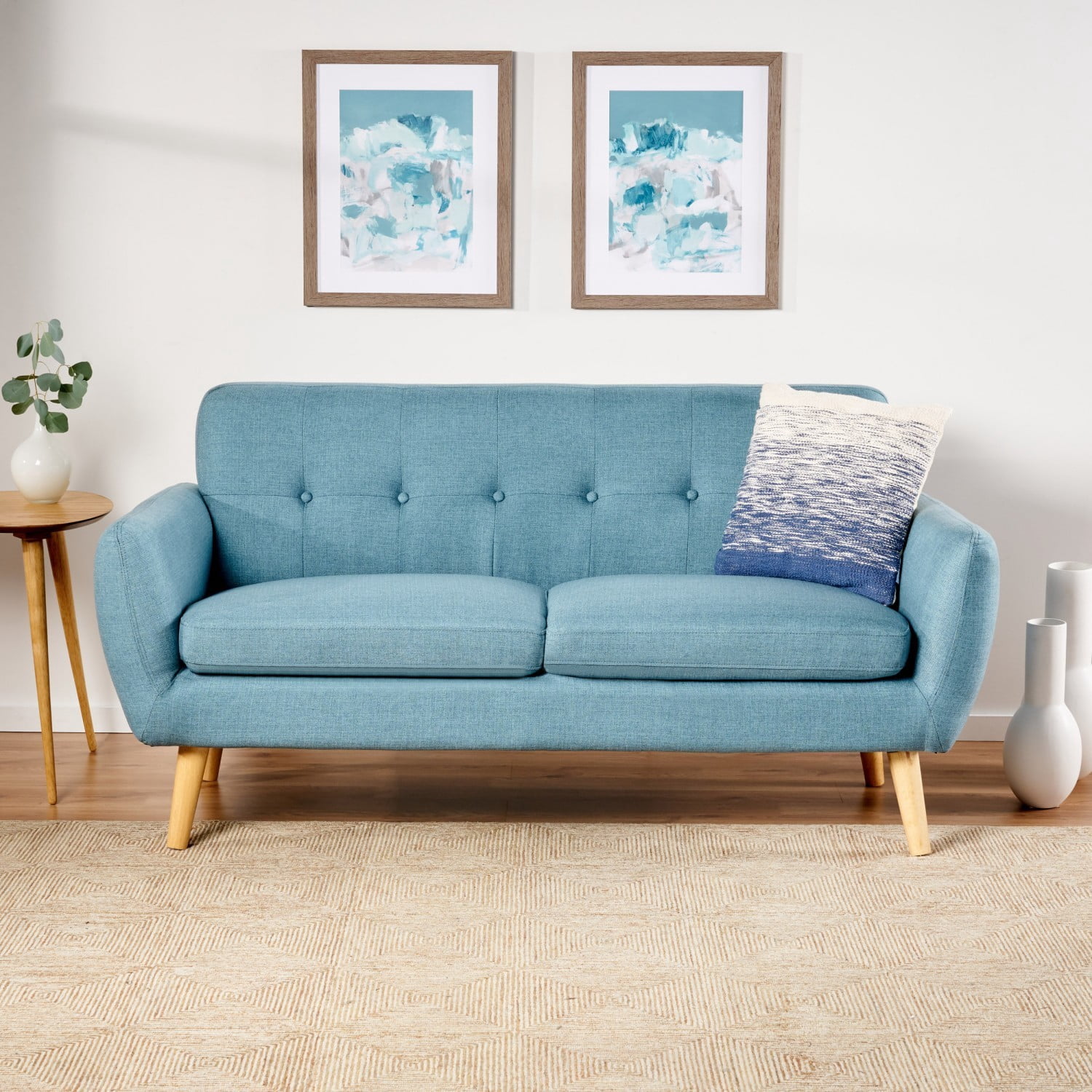67.25" Mid Century Modern Button Tufted Loveseat Sofa Upholstered 2 Seater Couch with Wood Legs for Living Room Bedroom Foyer, Blue