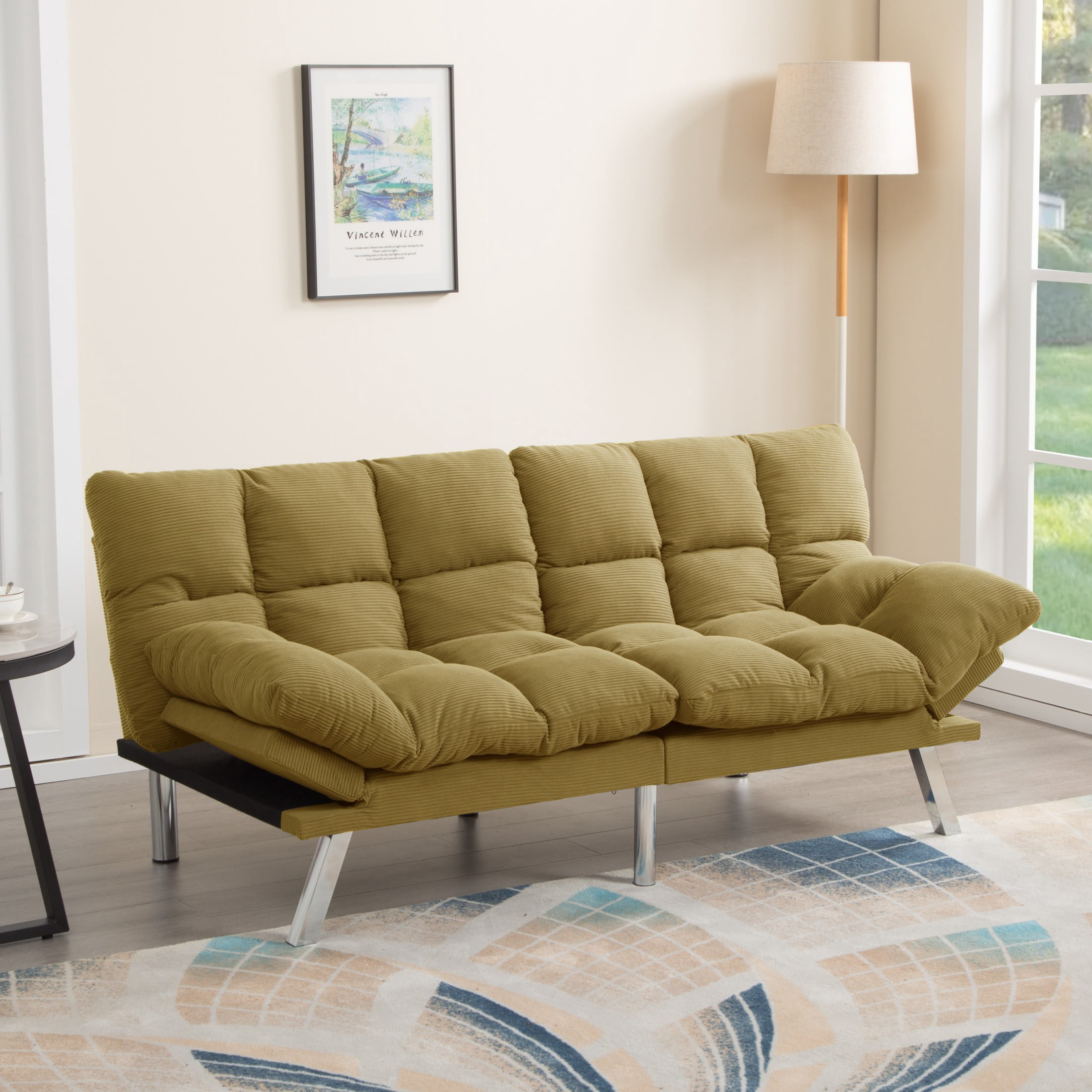 Gewnee 67.3” Corduroy Futon Sofa Bed, Convertible Twin Sleeper with 3-Position Adjustable Backrest for Living Room, Office, or Guest Room (Yellow)