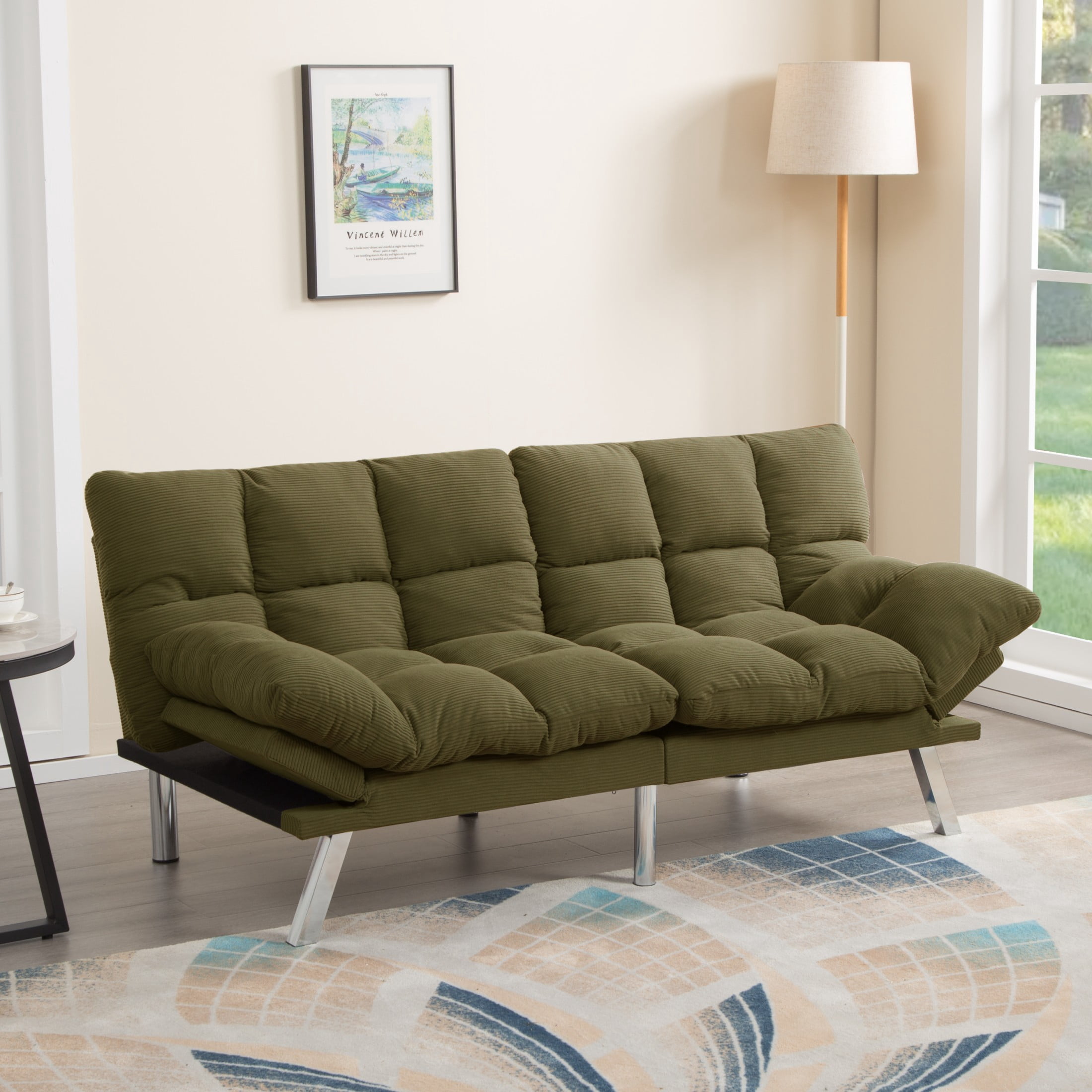 Gewnee 67.3” Corduroy Futon Sofa Bed, Convertible Twin Sleeper with 3-Position Adjustable Backrest for Living Room, Office, or Guest Room (Green)
