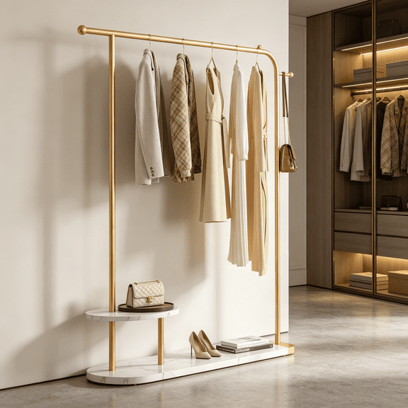 67.3" H Gold Clothing Rack, Modern Coat Rack with 2-Tier Storage, Clothes Rack with a Display Stand for Boutique Store, Living Room, Bedroom, Small Space