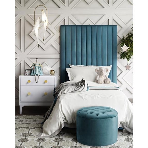 67.3 x 44.1 x 81.5 in. Arabelle Sea Blue Velvet Bed, Twin Size