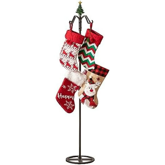 67" H Freestanding Stocking Holder Stand, Christmas Metal Stocking Hanger for Floor with 8 Hooks, Stocking Stand with Cast Iron Christmas Tree Top for Holiday Decor