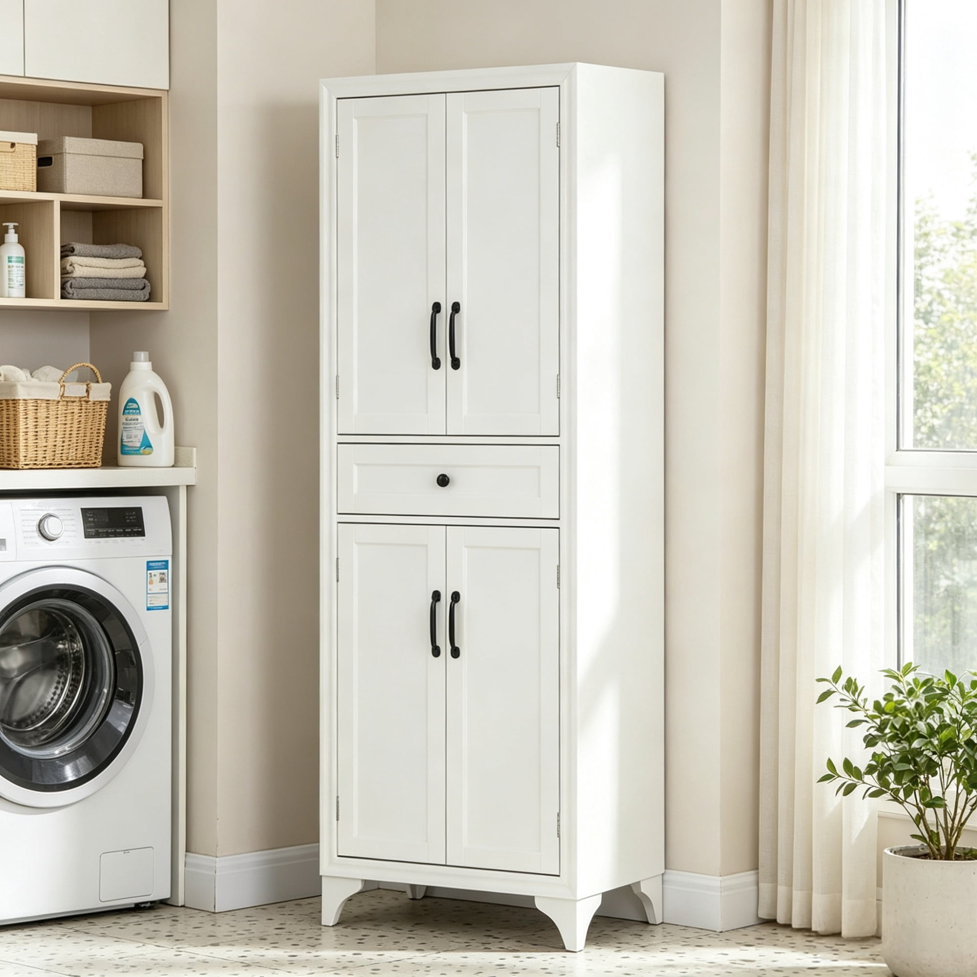 67" 4-Door Kitchen Pantry, with Drawer and Adjustable Shelves, Large-Capacity Storage Cabinet, White
