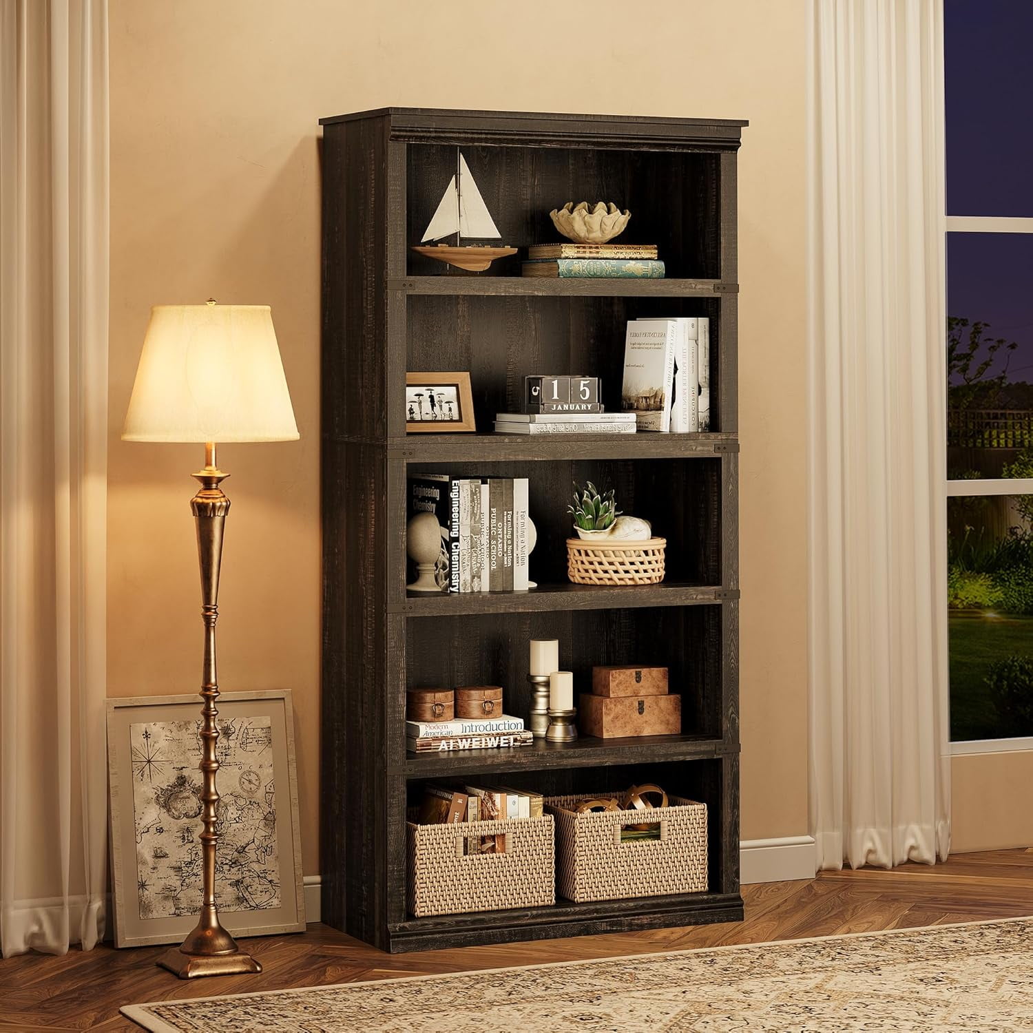 67.4" Tall 5-Tier Farmhouse Bookcase – Wooden Bookshelf with Open Display Shelves and Storage, Freestanding Home Office, Living Room, Bedroom Furniture, Dark Oak