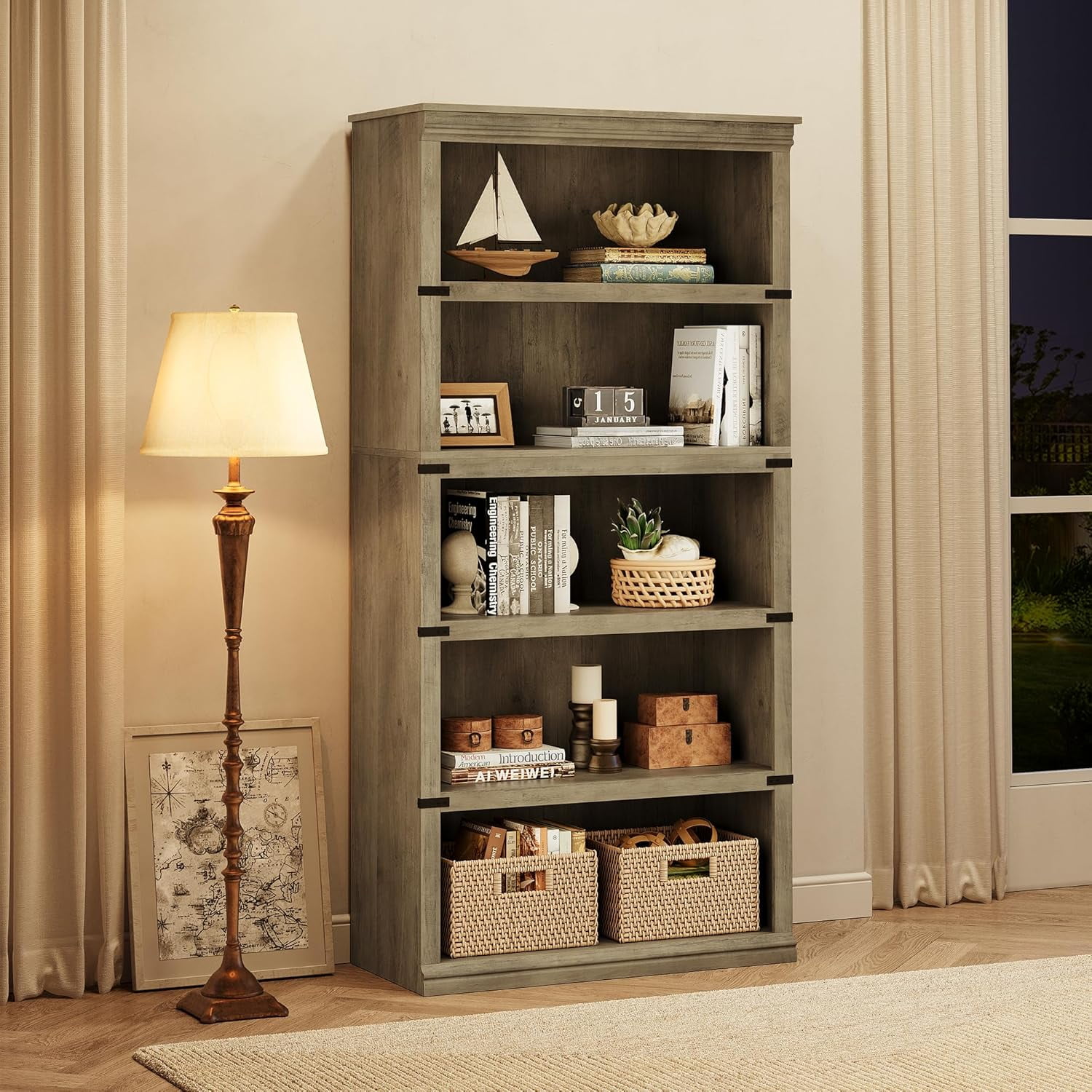 67.4" Tall 5-Tier Farmhouse Bookcase – Wooden Bookshelf with Open Display Shelves and Storage, Freestanding Home Office, Living Room, Bedroom Furniture, Grey