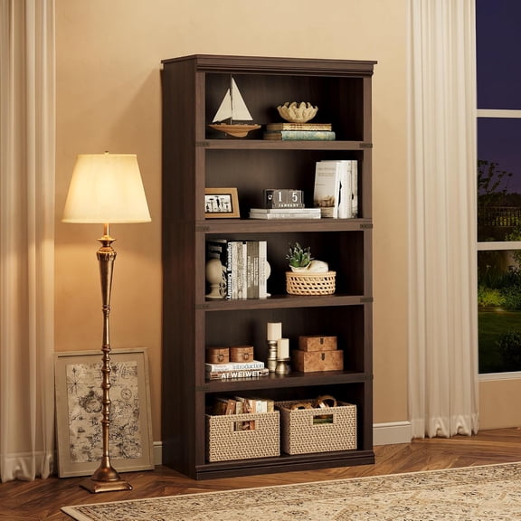 67.4" Tall 5-Tier Farmhouse Bookcase – Wooden Bookshelf with Open Display Shelves and Storage, Freestanding Home Office, Living Room, Bedroom Furniture, Red