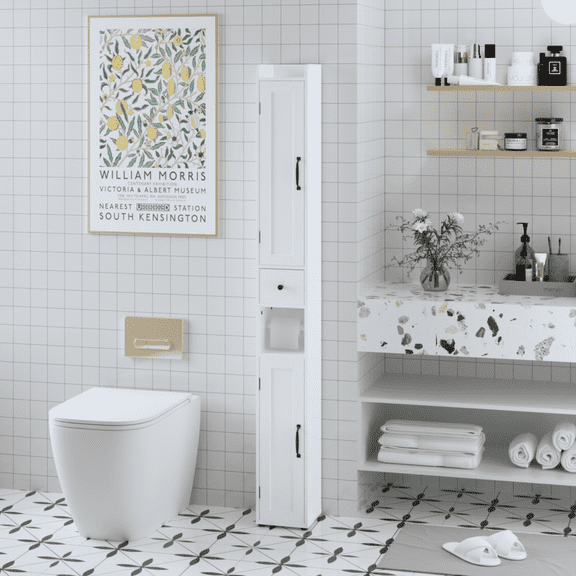 67.51" Tall Bathroom Storage Cabinet with Adjustable Shelves,Slim 2 Doors Freestanding Cabinet with Anti-Tip, Open compartments, for Home, Small Spaces, Bathroom,Kitchen, Living Room, White