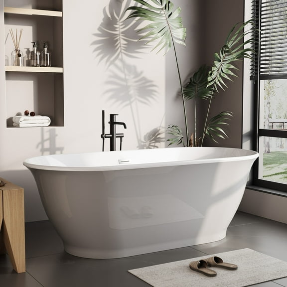 67"/59" Luxury Freestanding Acrylic Bathtub – Oval Soaking Tub with Chrome Drain & Overflow, Modern Standalone Design