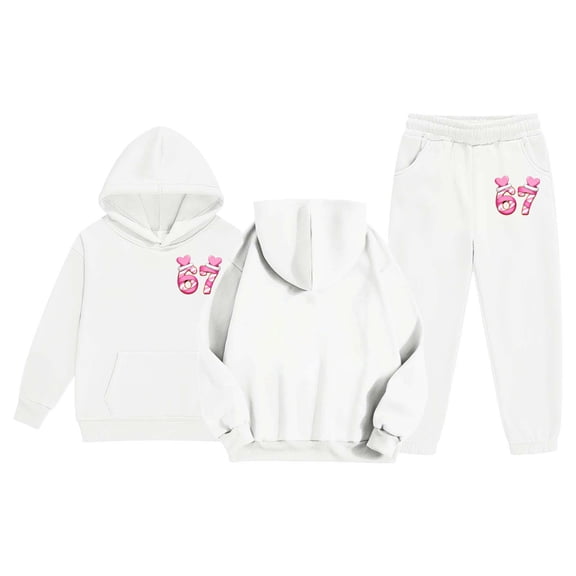 67 6 7 Six Seven Kids Girls Tracksuits Set Graphic Hoodie Sweatshirt Casual with Hood for Kids Outfit Pullover Tops Joggers White 2-3 Years
