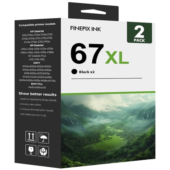 67 67XL Black Ink Cartridges Compatible for HP 67XL 67 Printer Ink 2 Pack Black for OfficeJet 2755 4155 2722 2723 2724 2725 2732 Envy 6055 6455 6458 6475