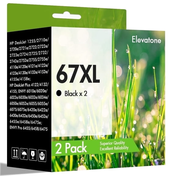 Compatible for HP 67 67XL Ink Cartridges 67XL 67 2755e 2 Pack Black Ink for OfficeJet 2755 4155 2722 2723 2724 2725 2732 Envy 6055 6455 6458 6475 Printer Ink