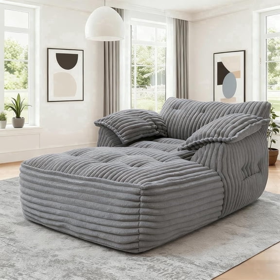 Reliancer 67.7" Oversized Chaise Lounge Chair Indoor, Faux Fur Upholstered Boneless Sofa Bed, Deep Seat Sleeper Couch Reading Chairs with Armrest, Cloud Sofas Couches for Living Room, Light Gray