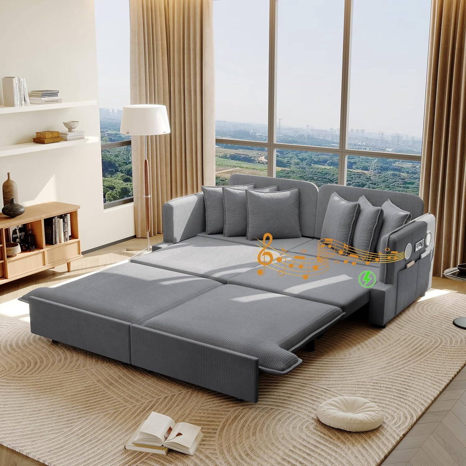 67.7" Pull-Out Couch Queen Size, Corduroy Sleeper Sofa Bed, 3 in 1 Convertible Couch with Bluetooth Speaker, 2 USB Ports, 6 Pillows & Side Pockets, for Living Room, Apartment, Office, Gray