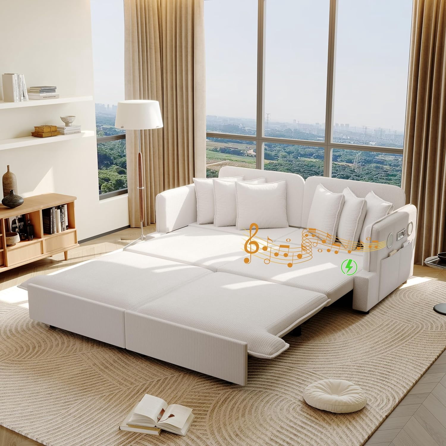 67.7" Pull-Out Couch Queen Size, Corduroy Sleeper Sofa Bed, 3 in 1 Convertible Couch with Bluetooth Speaker, 2 USB Ports, 6 Pillows & Side Pockets, for Living Room, Apartment, Office, Beige
