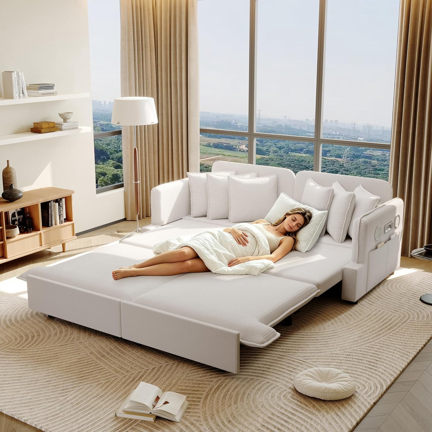 67.7" Pull Out Sofa Bed Queen Size, 3-in-1 Corduroy Convertible Sleeper Couch with Bluetooth Speakers, USB Ports, 6 Pillows, Side Pockets, for Apartment, Living Room, Small Spaces, Beige