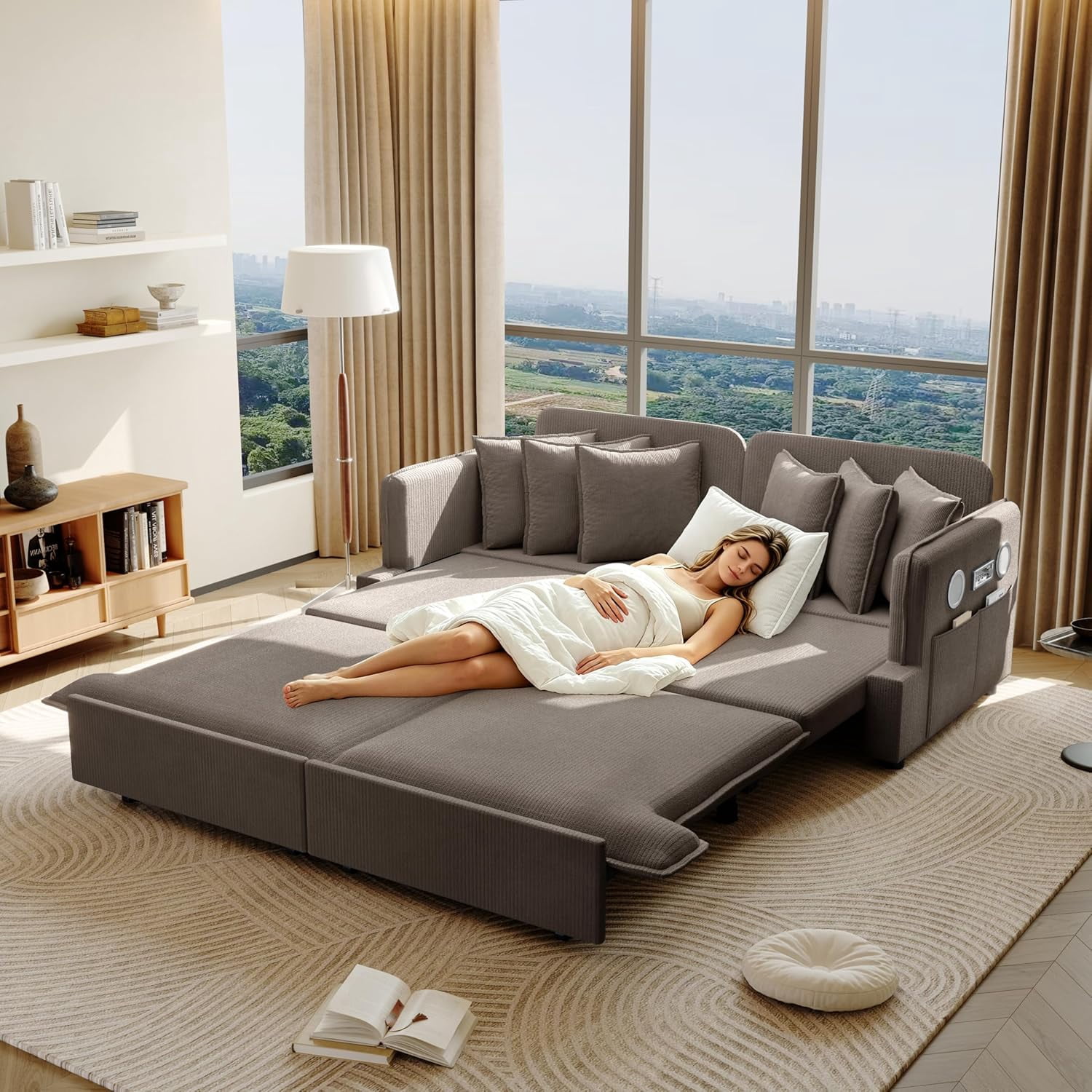 67.7" Pull Out Sofa Bed Queen Size, 3-in-1 Corduroy Convertible Sleeper Couch with Bluetooth Speakers, USB Ports, 6 Pillows, Side Pockets, for Apartment, Living Room, Small Spaces, Brown
