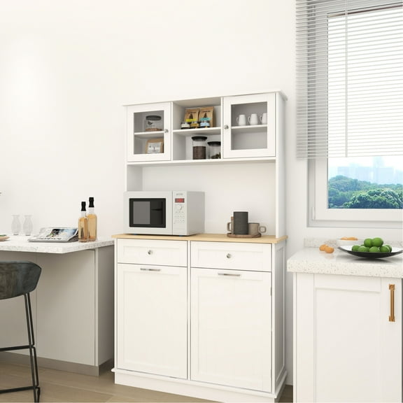 67.7" Tall Kitchen Trash Can Storage With 3 Adjustable Shelves, 2 Drawers & 1 Tilt Out Cabinet. White Modern Design For Kitchen, Dining, Living Room. Abundant Space, Hidden Trash, Painting, Stable,